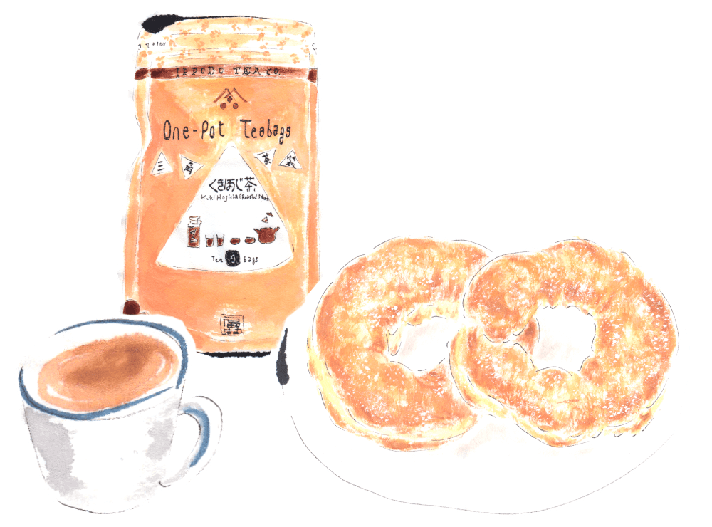 ドーナツ と 三角茶袋くきほうじ茶。