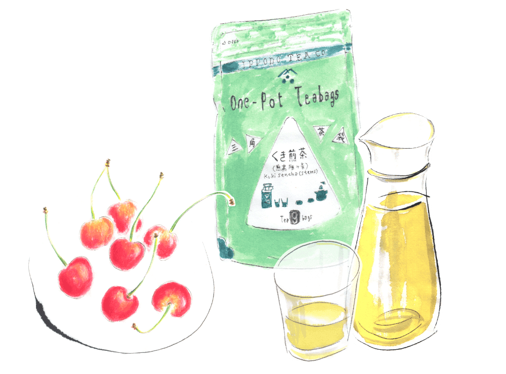 さくらんぼ と 三角茶袋くき煎茶。