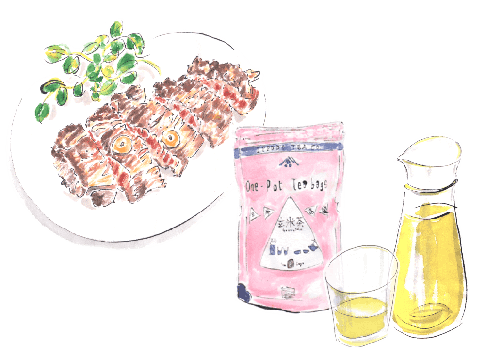 ステーキ と 三角茶袋 玄米茶。