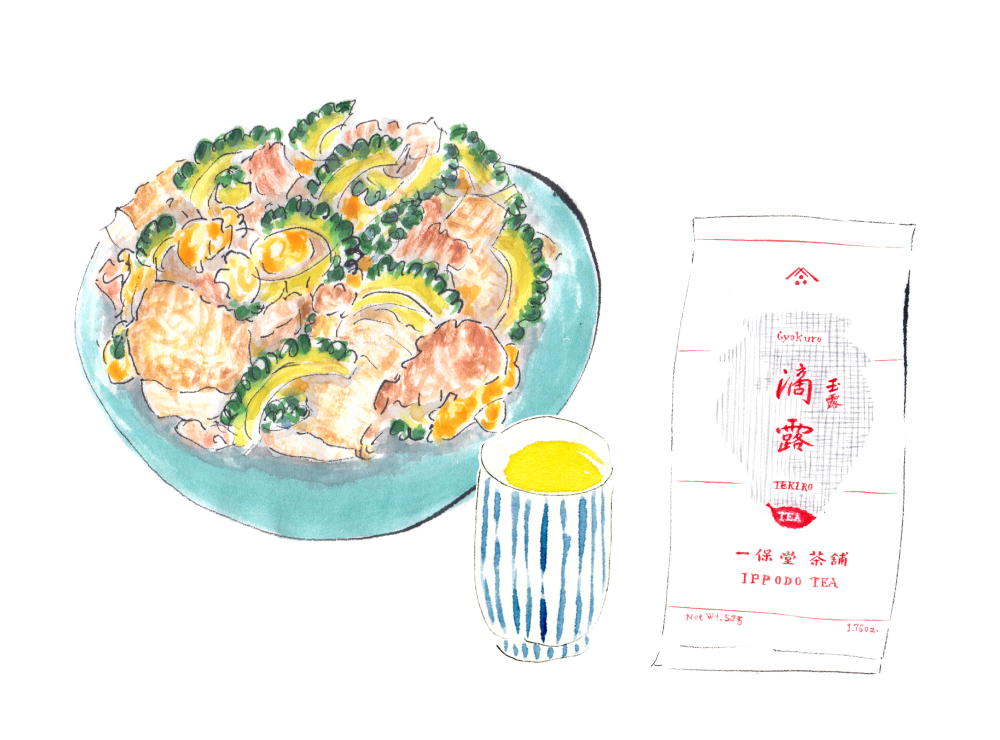 ゴーヤチャンプルーと玉露滴露。