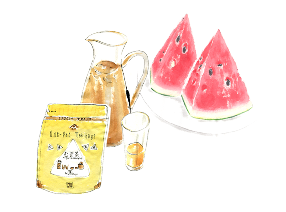 スイカと三角茶袋むぎ茶。