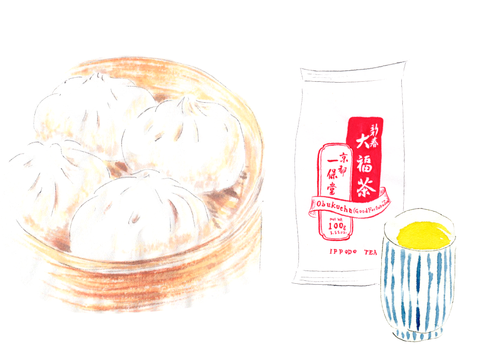 肉まんと大福茶。