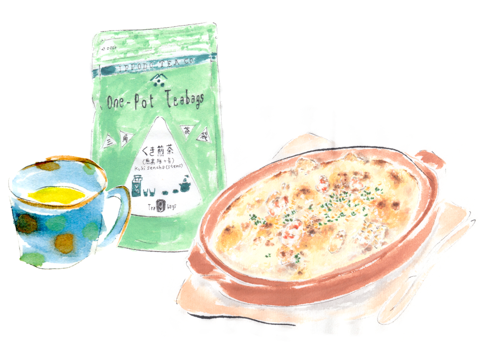 グラタンと三角茶袋くき煎茶。