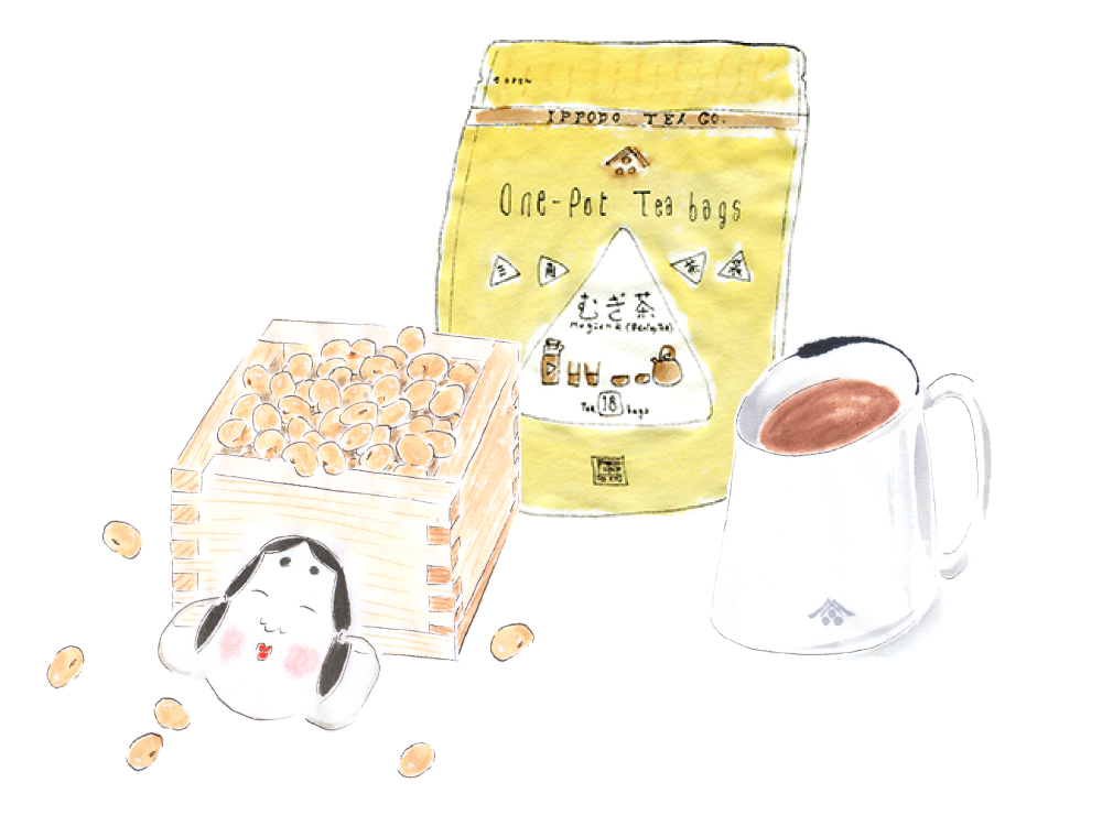 炒った大豆とむぎ茶。