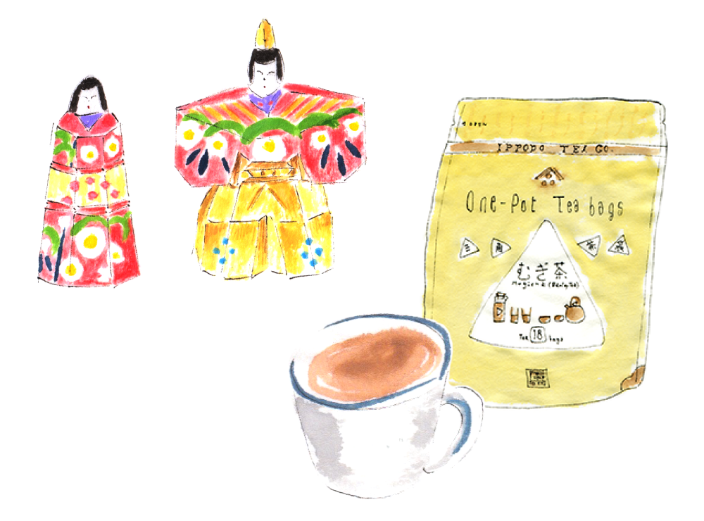 ひな祭りと三角茶袋むぎ茶。