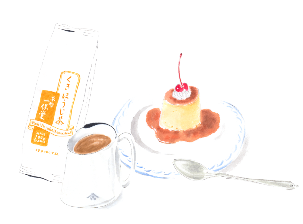 プリンとくきほうじ茶。