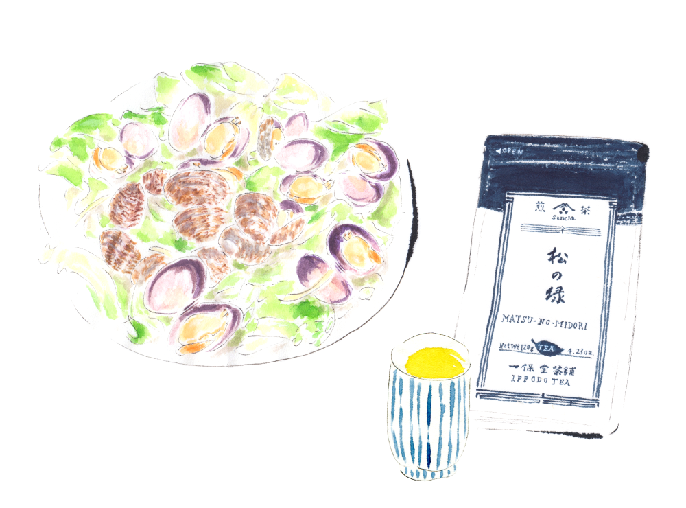 アサリの酒蒸しと煎茶松の緑。