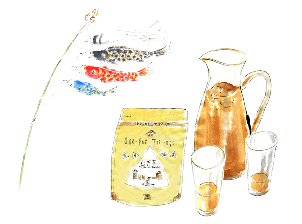 こいのぼりと冷たいむぎ茶。