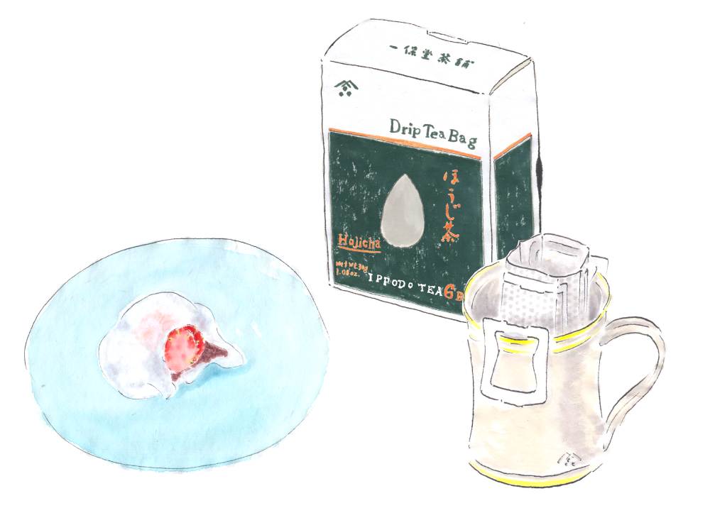 いちご大福とドリップほうじ茶