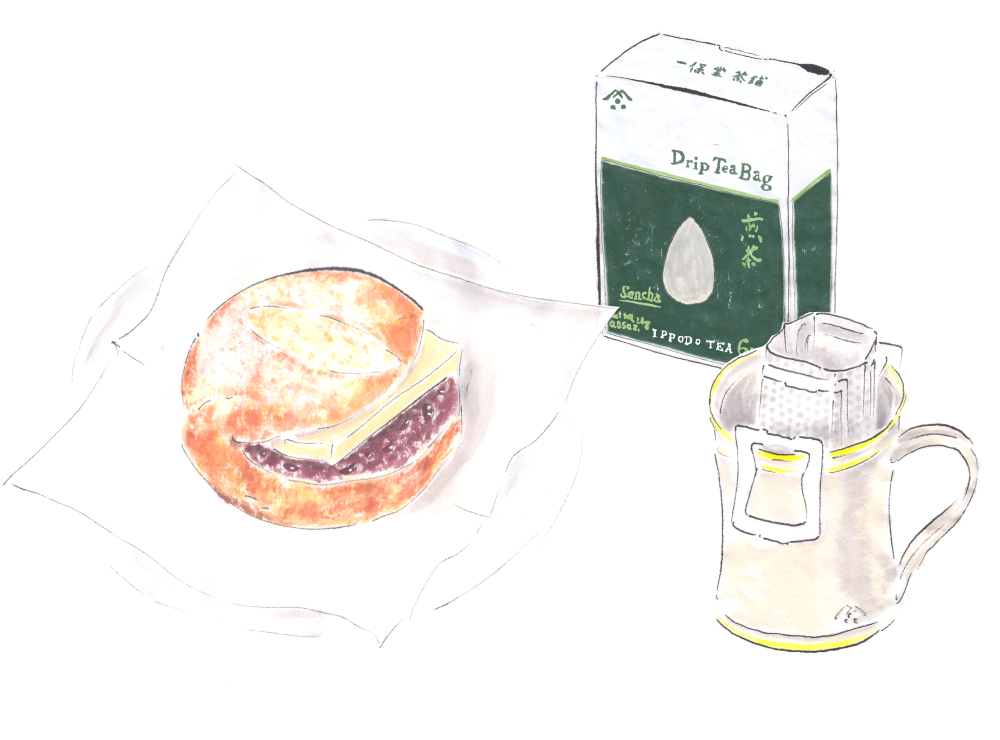あんバターサンドとドリップティーバッグ煎茶。