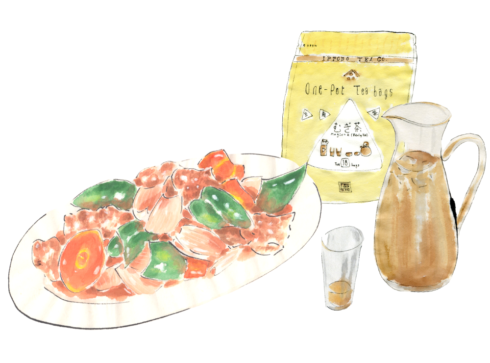 酢豚と冷たいむぎ茶。