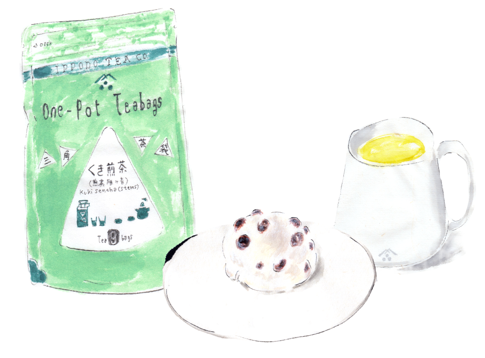 豆大福と三角茶袋くき煎茶。