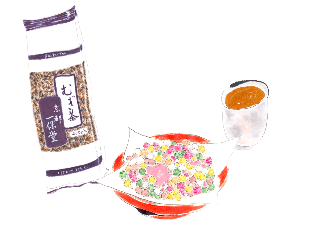 雛あられとむぎ茶。