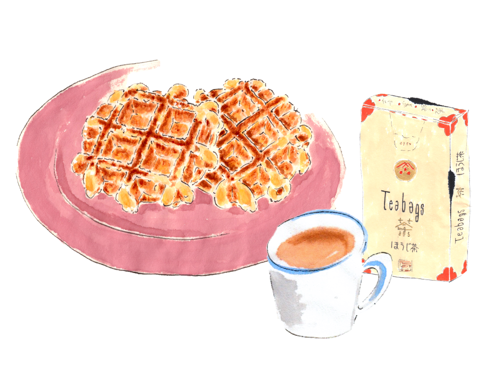 ワッフルとほうじ茶。