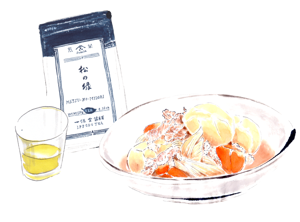 肉じゃがと冷たい煎茶松の緑。