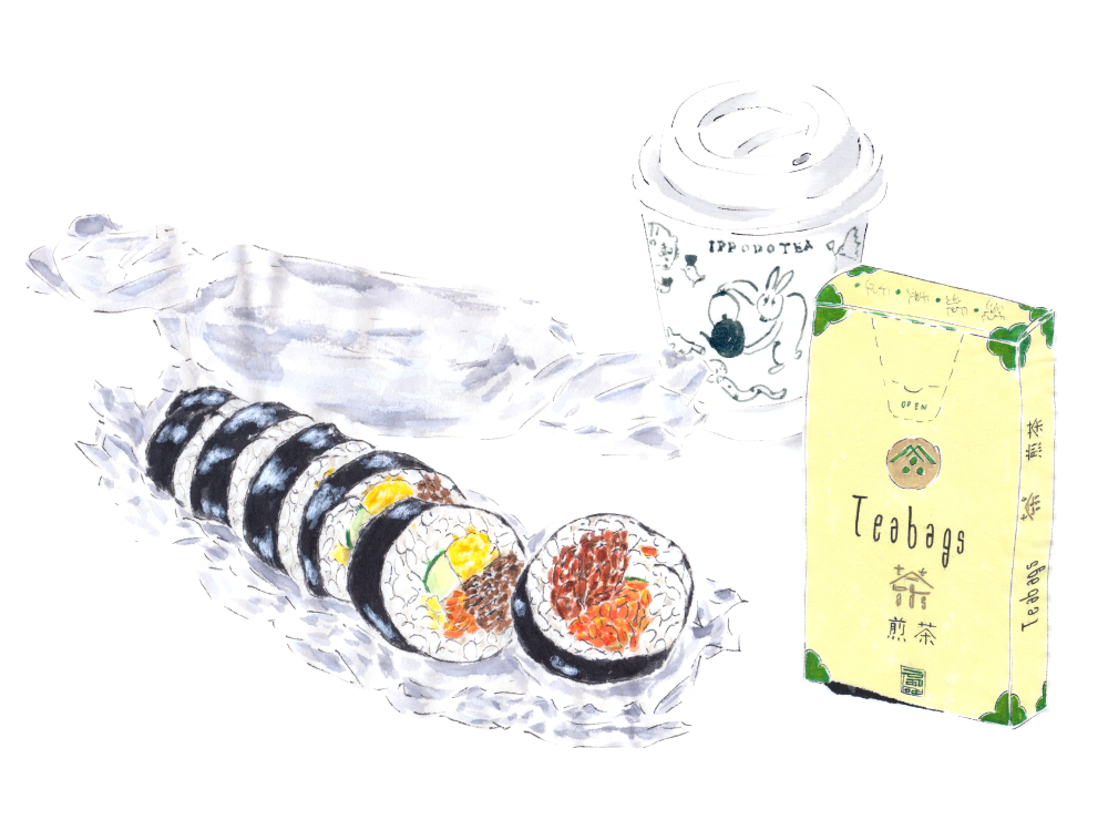 キンパと煎茶ティーバッグ。