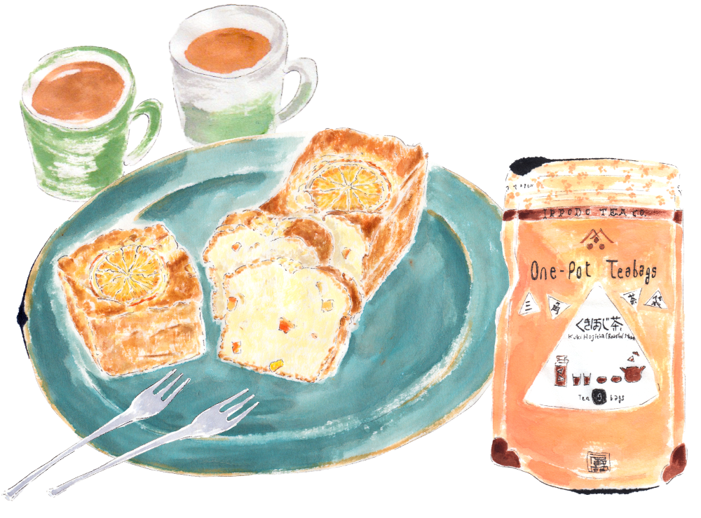 パウンドケーキと<br>三角茶袋くきほうじ茶。