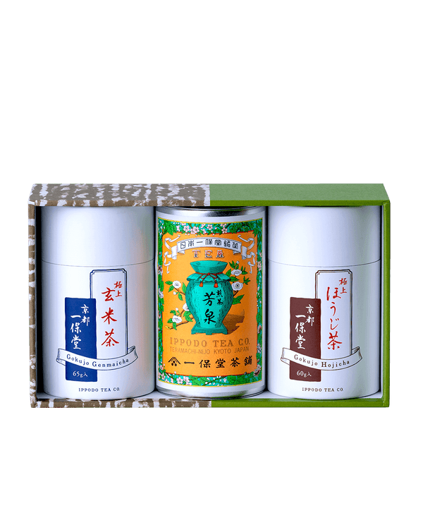 煎茶 芳泉 中缶・極上ほうじ茶 紙筒・極上玄米茶 紙筒