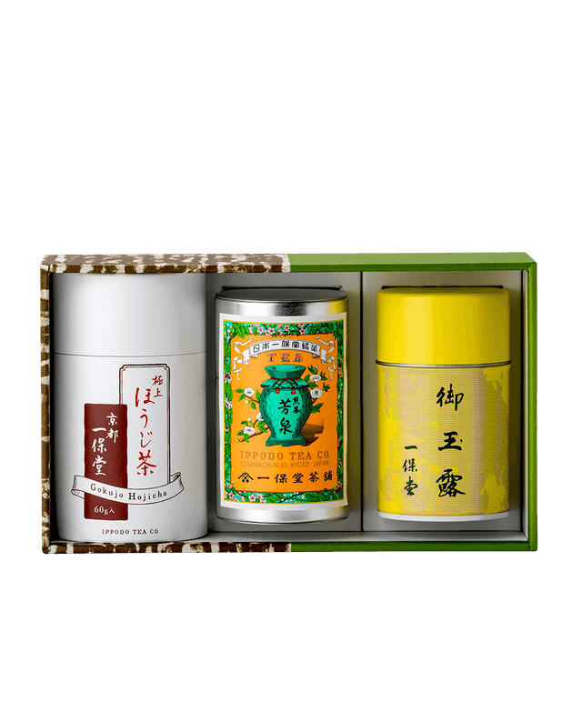 【販売休止中】玉露 滴露 小缶・煎茶 芳泉 小缶・極上ほうじ茶 紙筒